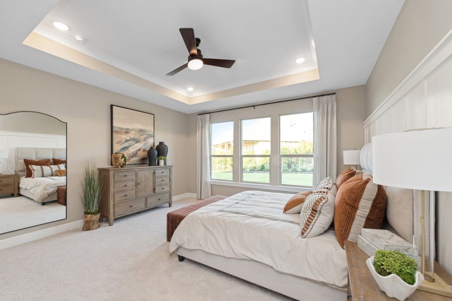 Primary suite with crown moulding and walk-in closet Primary suite with crown moulding and walk-in closet