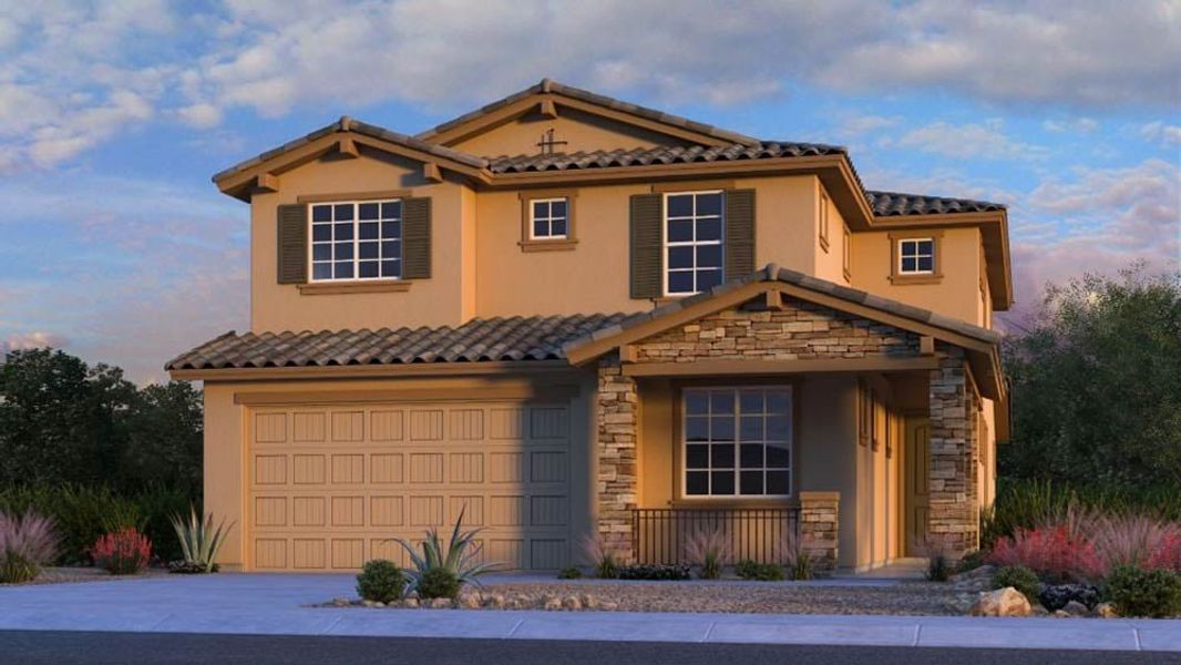 Front exterior of a new home in La Mira, Mesa, AZ, highlighting curb appeal (Image 1). Front exterior of a new home in La Mira, Mesa, AZ, highlighting curb appeal (Image 1).