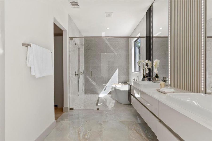 Bathroom with vanity and plus walk in shower