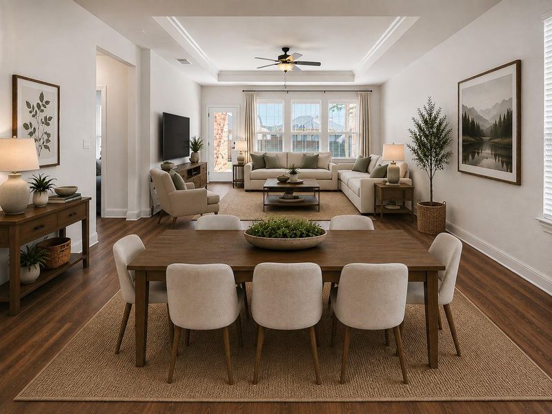 Virtually Staged PhotoAn inviting open concept living space features high ceilings and rich wood flooring.