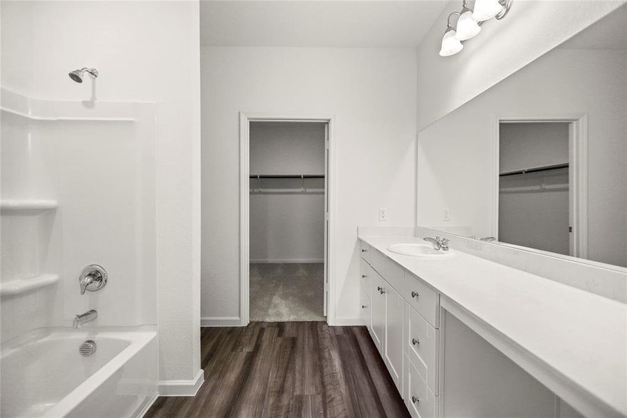 Another bathroom with extended dual-sink vanity, large mirror, and walk-in closet access nearby.