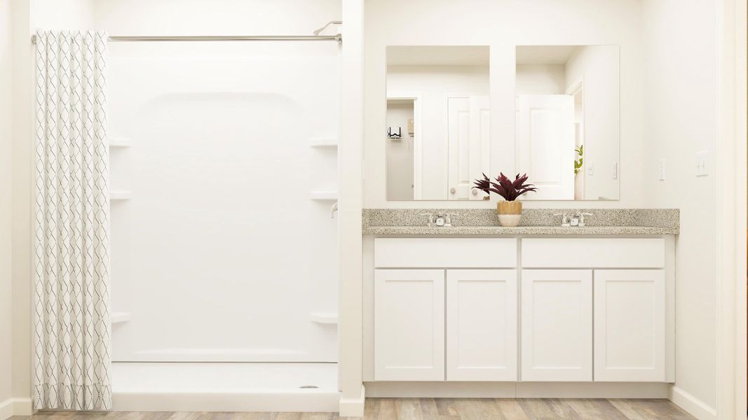 A white kitchen with a glass door. A white kitchen with a glass door.