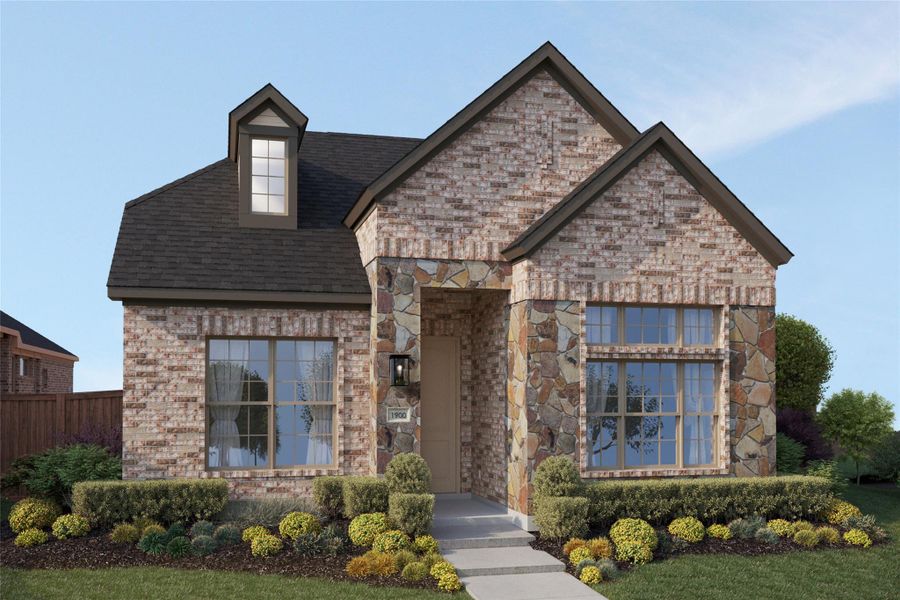 View of front facade featuring brick siding, stone siding, a shingled roof, and fence
