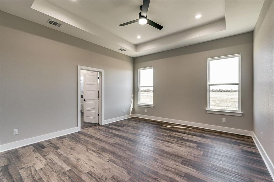 Unfurnished room featuring ceiling fan, dark hardwood / wood-style floors, and a raised ceiling