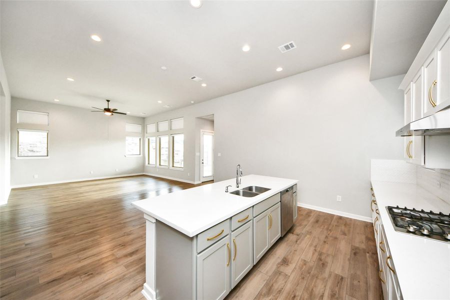 Kitchen and living area with bright open-concept design