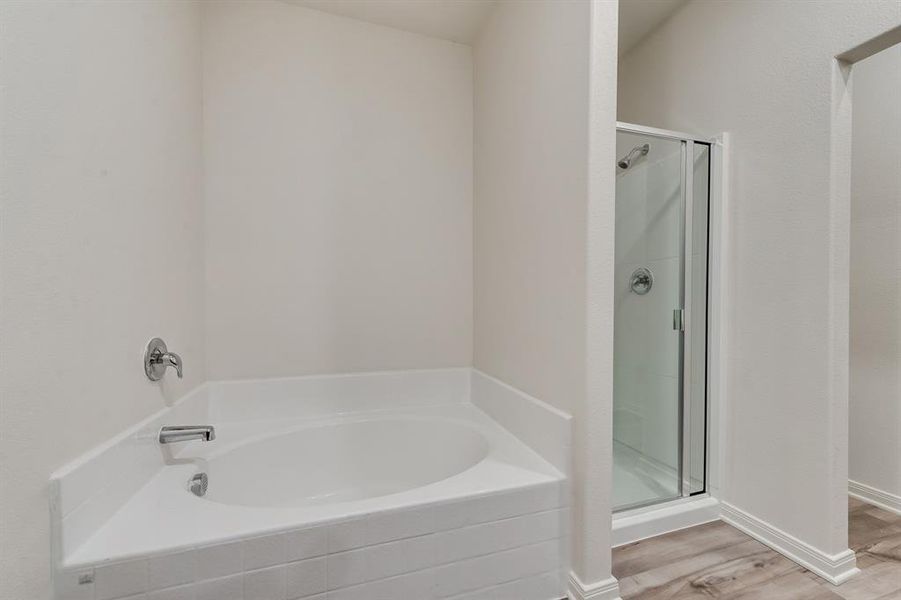 Bathroom featuring independent shower and bath and hardwood / wood-style floors