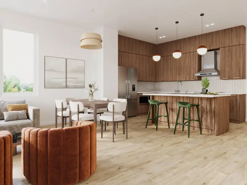 Kitchen with brown cabinets, modern cabinets, wall chimney exhaust hood, light countertops, and stainless steel refrigerator with ice dispenser