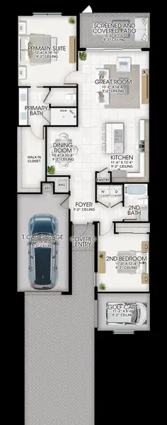 2D floor plan layout for the Areca II by GL Homes in Valencia Vista at Riverland, Port St. Lucie, FL (Image 4).
