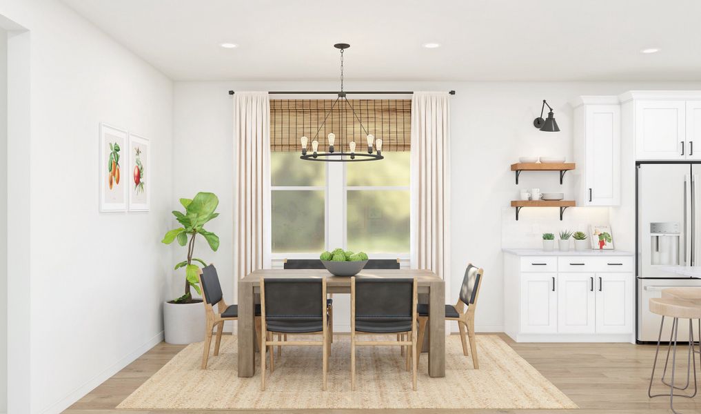 Cozy dining area with chandelier adjacent from the kitchen