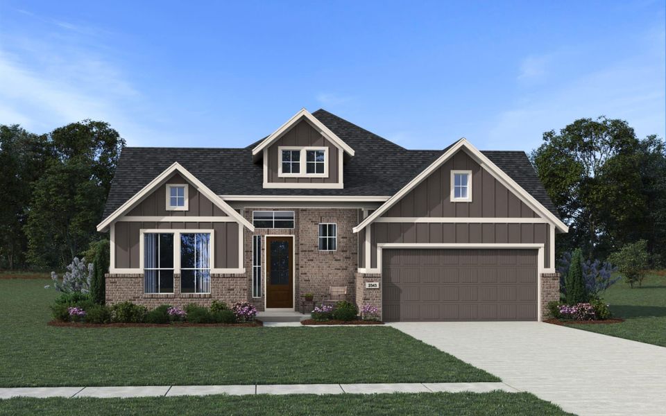 Representative exterior photo of a completed home built from the Brenner by Chesmar Homes in Buffalo Crossing, Cibolo, TX (Image 3). Representative exterior photo of a completed home built from the Brenner by Chesmar Homes in Buffalo Crossing, Cibolo, TX (Image 3).