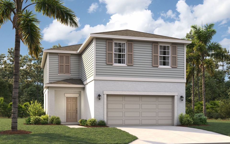Front exterior of a new home in Oakfield Trails, Parrish, FL, highlighting curb appeal (Image 21). Front exterior of a new home in Oakfield Trails, Parrish, FL, highlighting curb appeal (Image 21).
