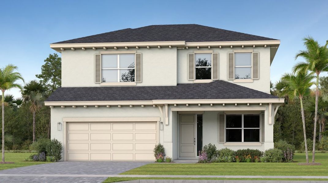 Front exterior of a new home in Glynlea Country Club: The Pinehurst Collection, Port St. Lucie, FL, highlighting curb appeal (Image 1).