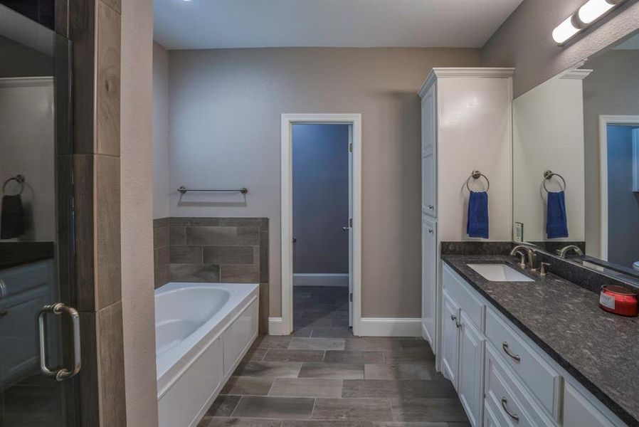 Primary bathroom featuring vanity, hardwood / wood-style flooring, and separate shower and tub