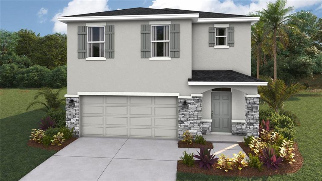 Front exterior of a new home in Oakfield Trails, Parrish, FL, highlighting curb appeal (Image 1).