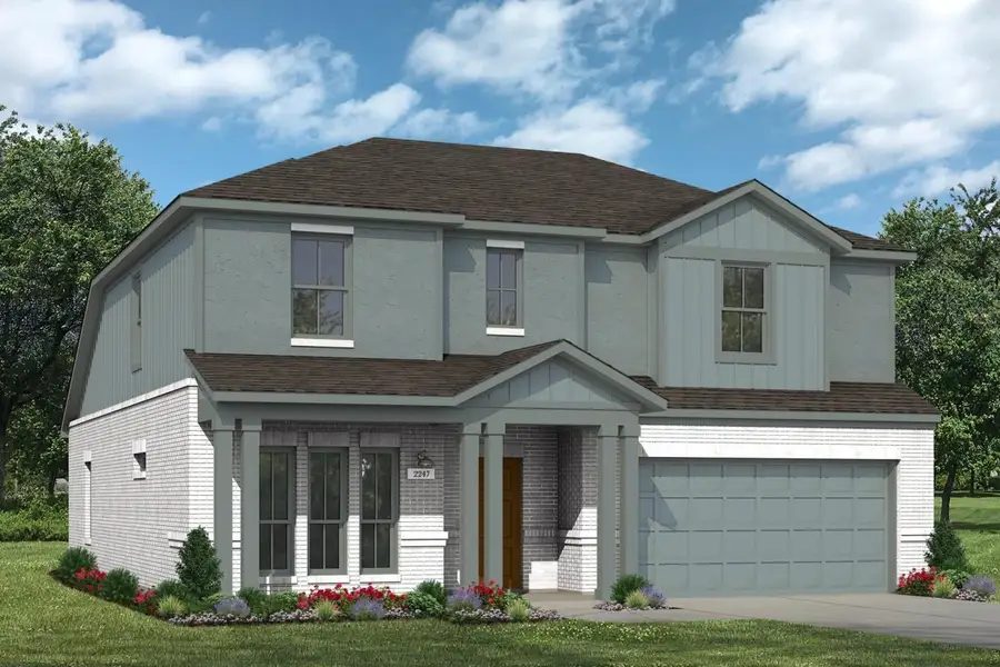 Rendering of two story home with teal stucco, siding, accents, and garage, with white brick, driveway, and landscaping Rendering of two story home with teal stucco, siding, accents, and garage, with white brick, driveway, and landscaping