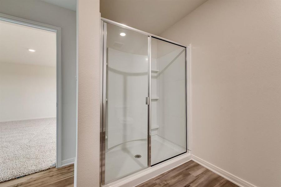 Bathroom with wood-type flooring and walk in shower