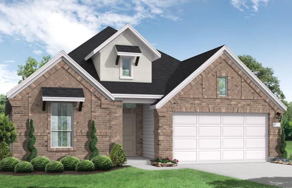 Front exterior of a new home in Valencia, Manvel, TX, highlighting curb appeal (Image 1). Front exterior of a new home in Valencia, Manvel, TX, highlighting curb appeal (Image 1).