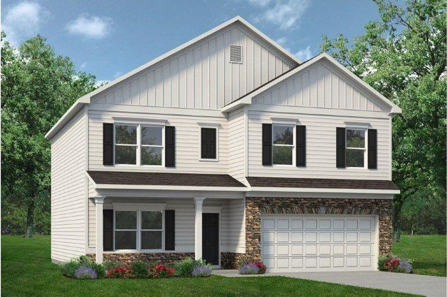 Front exterior of a new home in Jones Ridge, Dallas, GA, highlighting curb appeal (Image 1). Front exterior of a new home in Jones Ridge, Dallas, GA, highlighting curb appeal (Image 1).