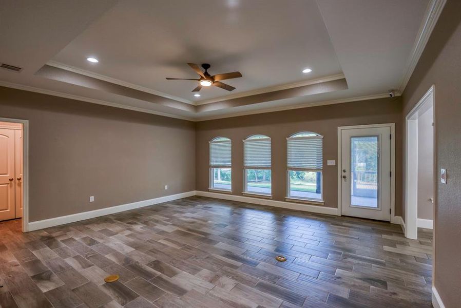 Family room with dark hardwood / wood tile flooring, ceiling fan, a raised ceiling, and ornamental molding and don't forget that view!