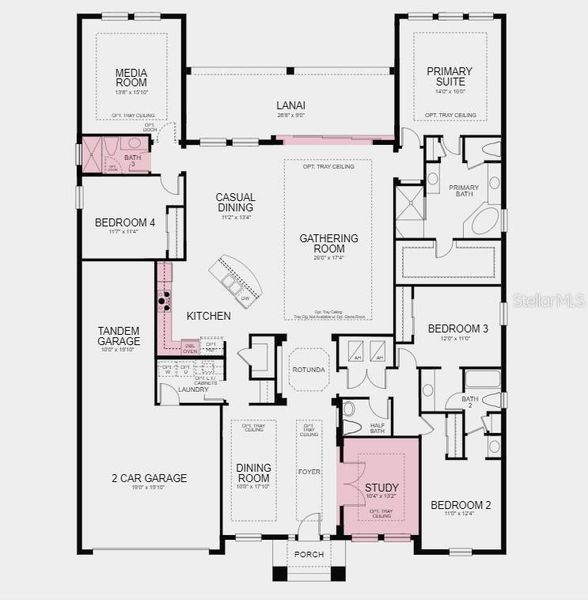 Floor Plan -  Structural options added include: gourmet kitchen, outdoor kitchen rough-in on the covered lanai, pocket sliding door in the gathering room, study, and walk-in shower in bathroom 3