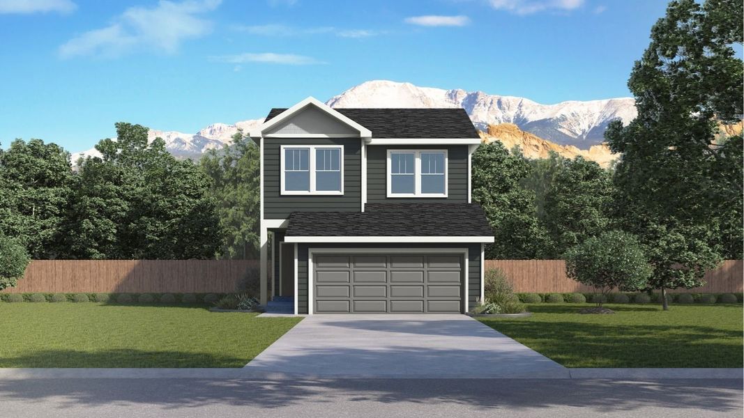 Front exterior of a new home in The Ridge at Lorson Ranch, Colorado Springs, CO, highlighting curb appeal (Image 5).