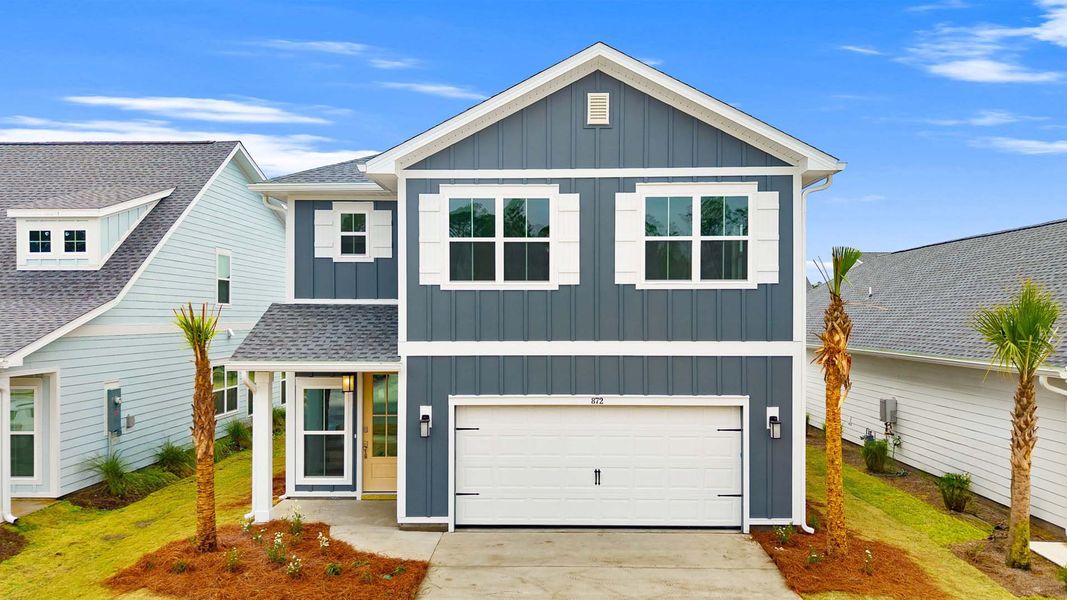 Front exterior of a new home in Breakfast Point East Phase I, Panama City Beach, FL, highlighting curb appeal (Image 1). Front exterior of a new home in Breakfast Point East Phase I, Panama City Beach, FL, highlighting curb appeal (Image 1).