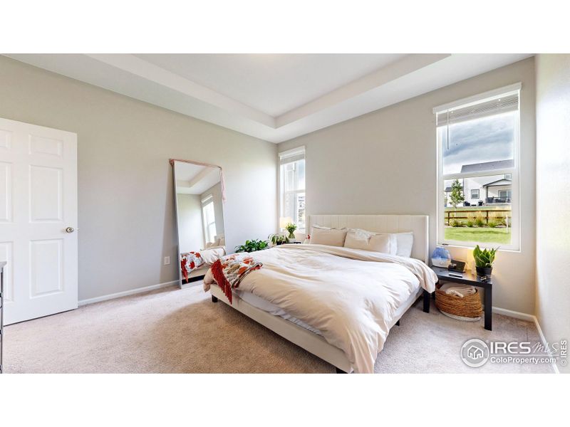 Primary bedroom with a tray ceiling an en-suite bathroom featuring a walk-in shower, quartz countertops, dual vanities and a large walk-in closet.