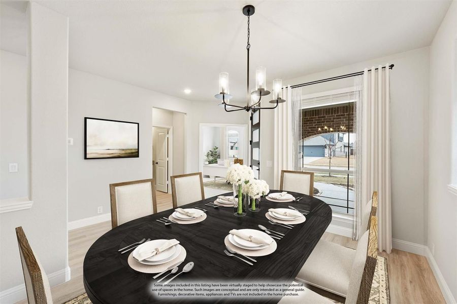 Dining room with dark oval table, six chairs, chandelier, and large window with white curtains Dining room with dark oval table, six chairs, chandelier, and large window with white curtains