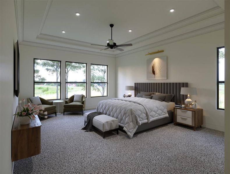 Rendering photo- Luxurious master bedroom featuring expansive windows, elegant lighting, and a serene sitting area, perfect for relaxation.