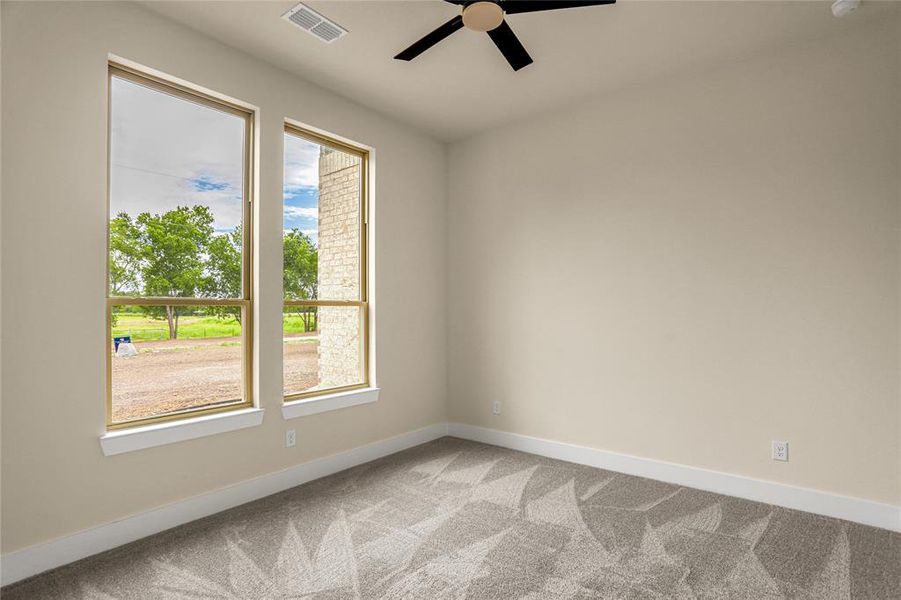 Spare room featuring light colored carpet, plenty of natural light, and ceiling fan Spare room featuring light colored carpet, plenty of natural light, and ceiling fan