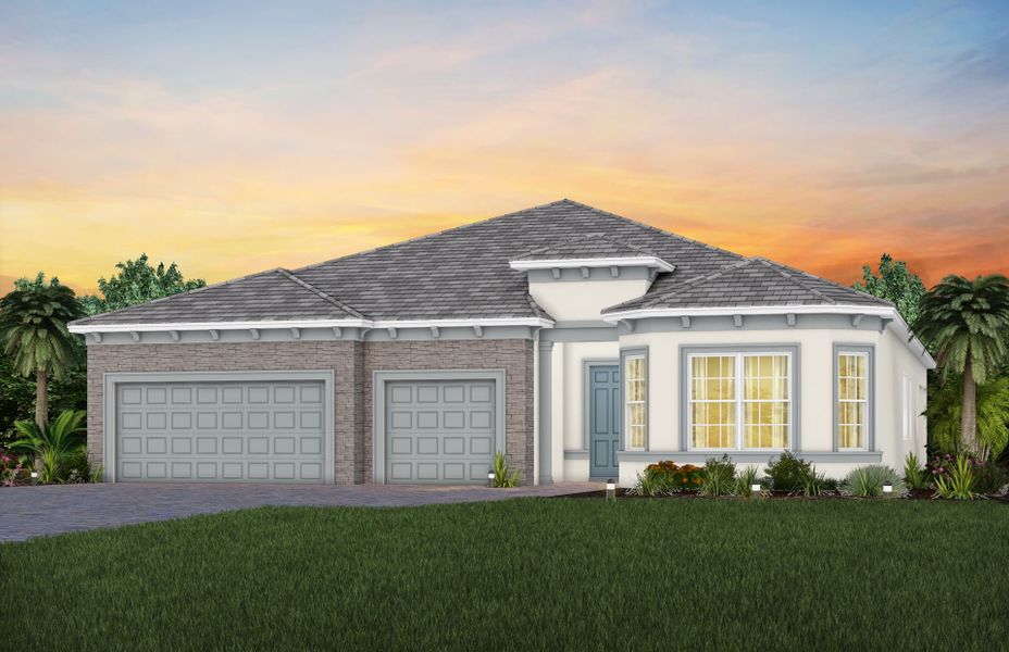 Front exterior of a new home in BeachWalk by Manasota Key, Englewood, FL, highlighting curb appeal (Image 1). Front exterior of a new home in BeachWalk by Manasota Key, Englewood, FL, highlighting curb appeal (Image 1).