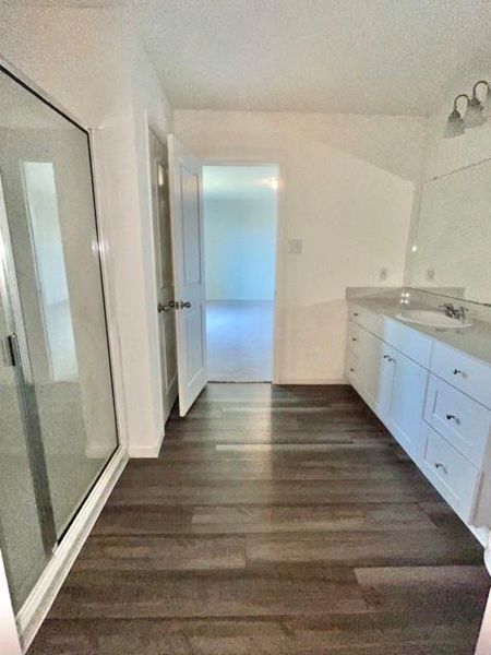 Bathroom with a shower with shower door, vanity, a textured ceiling, and hardwood / wood-style flooring