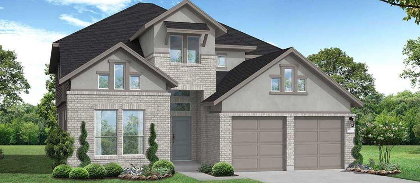 Front exterior of a new home in Wildtree, Magnolia, TX, highlighting curb appeal (Image 1).