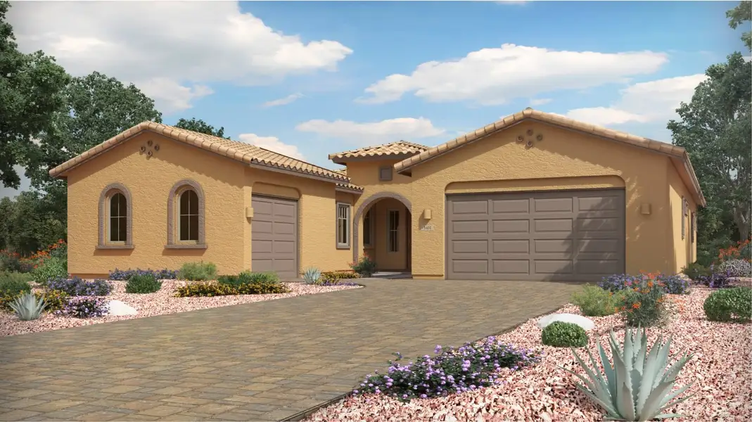 Front exterior of a new home in Los Saguaros, Marana, AZ, highlighting curb appeal (Image 1).