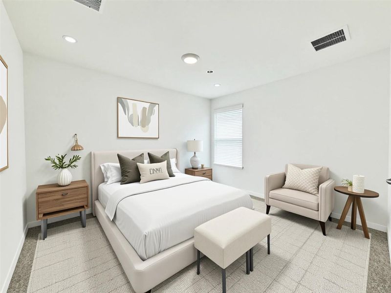 Bedroom featuring recessed lighting and light colored carpet Bedroom featuring recessed lighting and light colored carpet