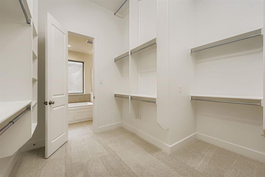 Walk in closet featuring light carpet