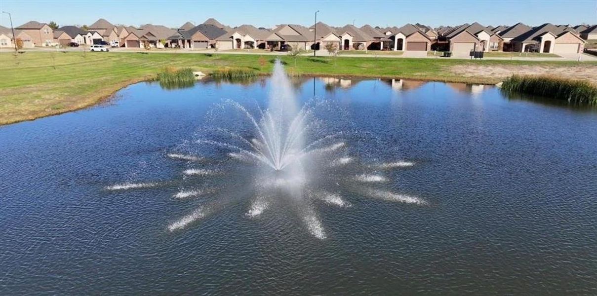 Community pond featuring a central fountain, surrounded by green landscaping and residential architecture