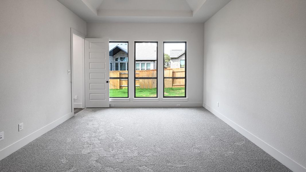 Empty room with carpet floors and a raised ceiling