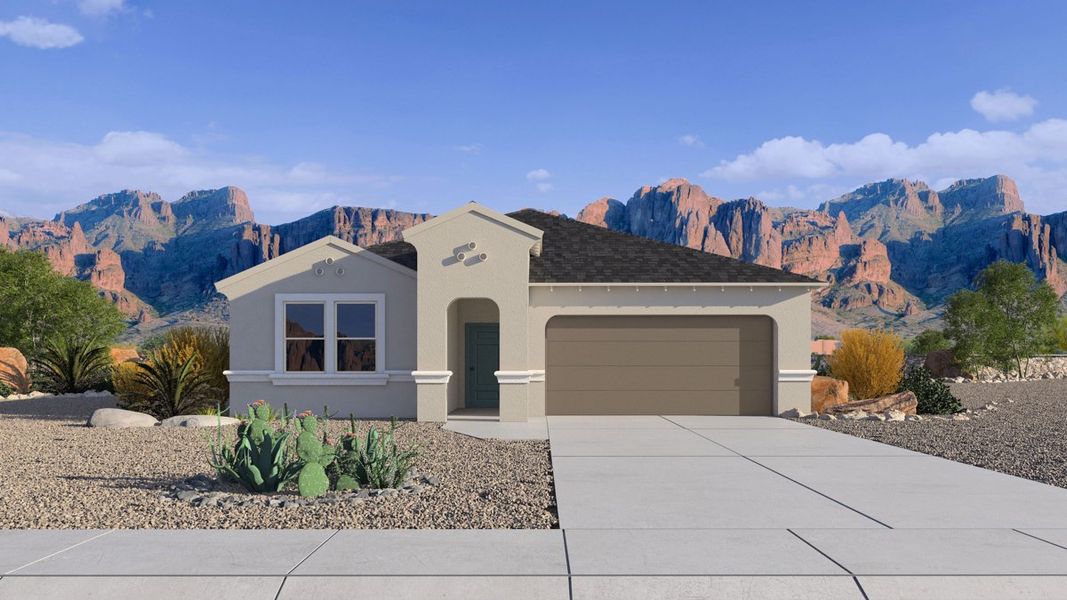 Front exterior of a new home in Quail Ranch, San Tan Valley, AZ, highlighting curb appeal (Image 1).