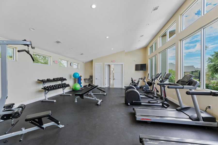 Community fitness center provides equipment, ideal for working out. Community fitness center provides equipment, ideal for working out.