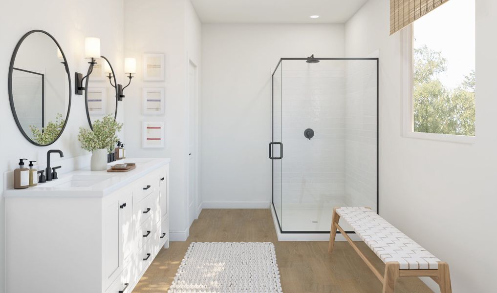 Primary bath with matte black finishes