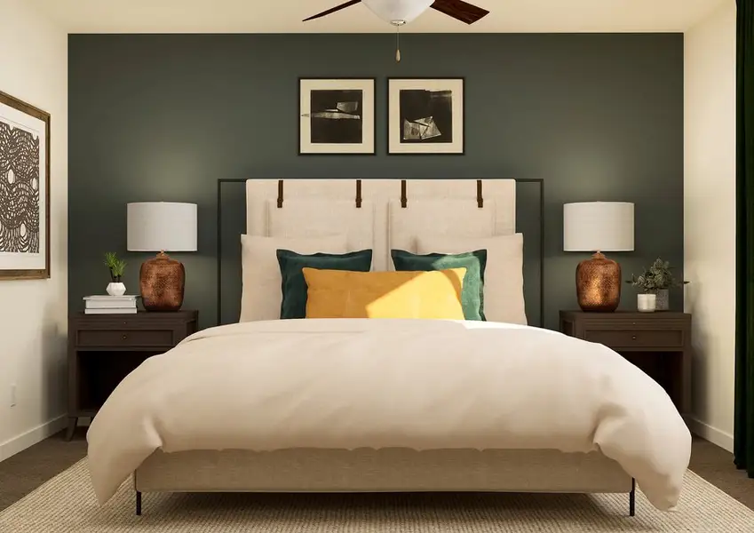 Rendering of a bedroom with a large bed and two side tables. Rendering of a bedroom with a large bed and two side tables.