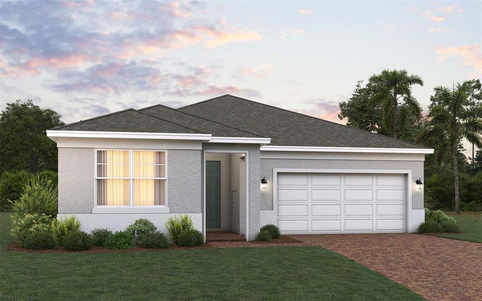 Front exterior of a new home in Pine Meadows Reserve, Eustis, FL, highlighting curb appeal (Image 6).
