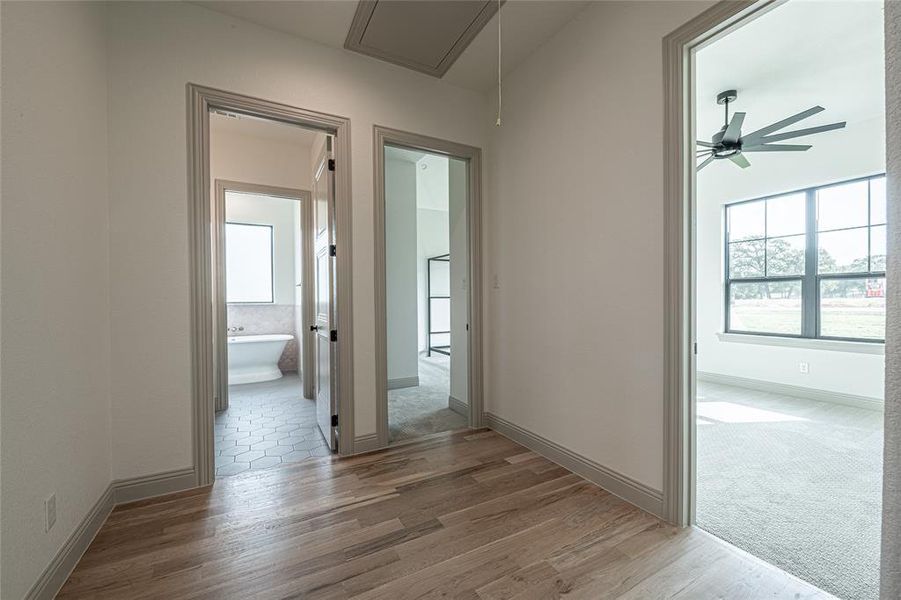 Hall featuring attic access and light wood finished floors Hall featuring attic access and light wood finished floors