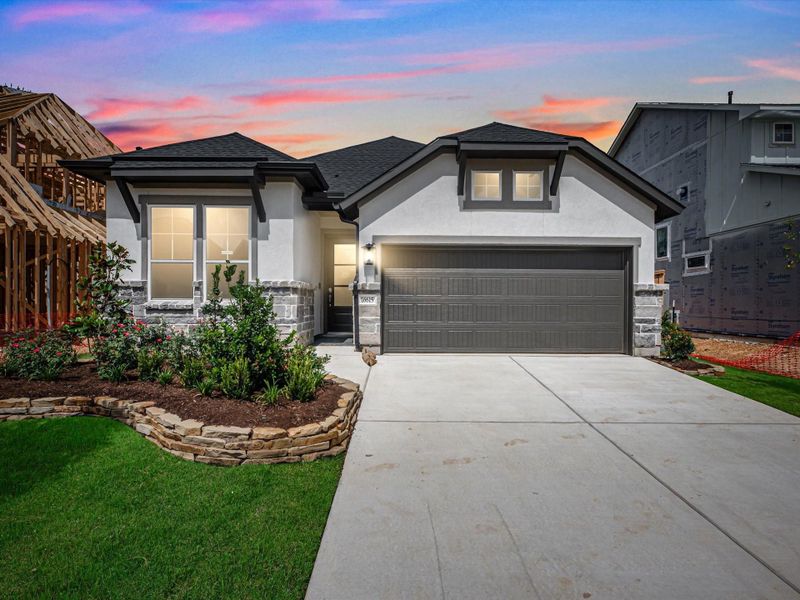 Front exterior of a new home in Jubilee 50′, Hockley, TX, highlighting curb appeal (Image 1). Front exterior of a new home in Jubilee 50′, Hockley, TX, highlighting curb appeal (Image 1).