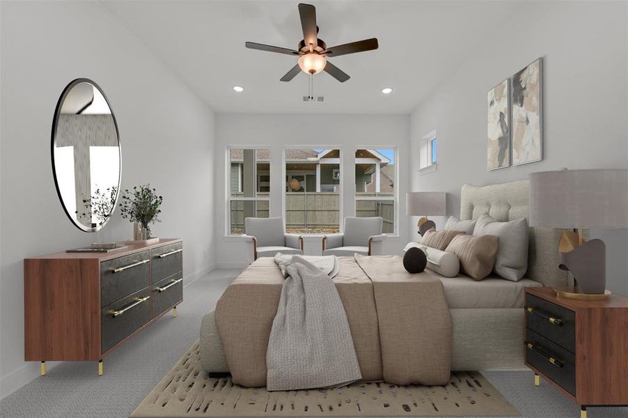 The bedroom features a ceiling fan with integrated lighting, a large window providing natural light, and clean white walls