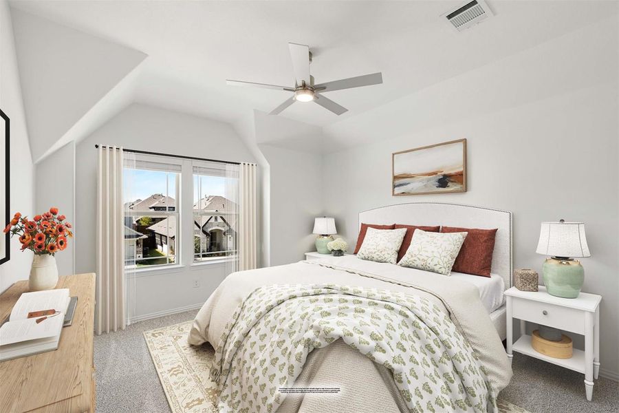 Bedroom with vaulted ceiling, ceiling fan, carpet flooring, and large window with neighborhood view Bedroom with vaulted ceiling, ceiling fan, carpet flooring, and large window with neighborhood view