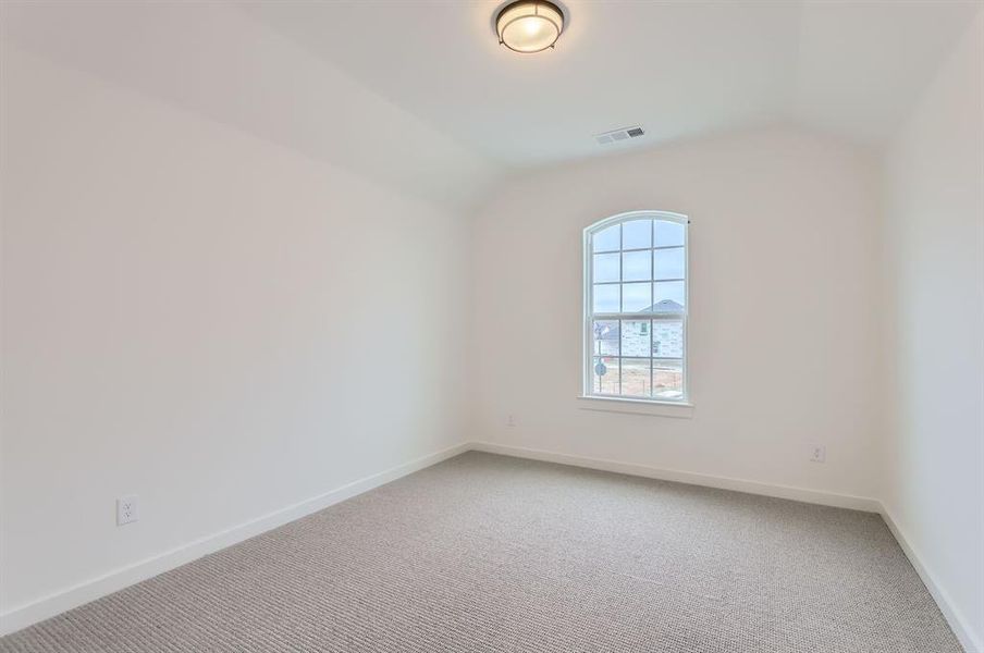 Carpeted empty room with vaulted ceiling