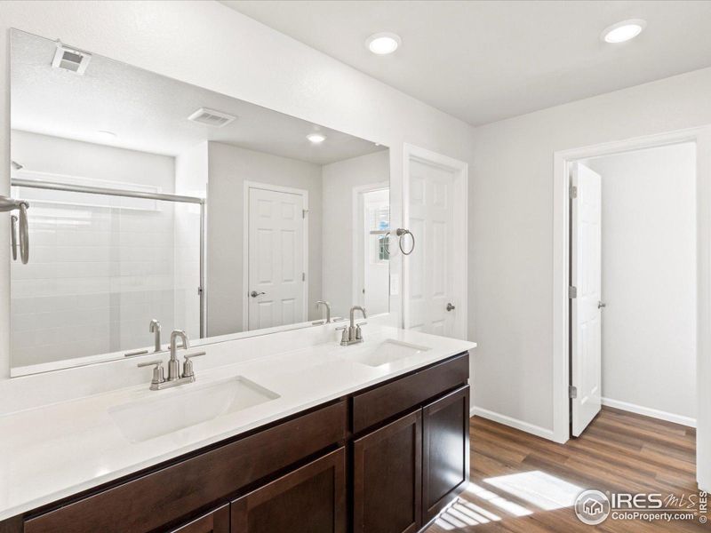 Primary Bath with quartz countertops