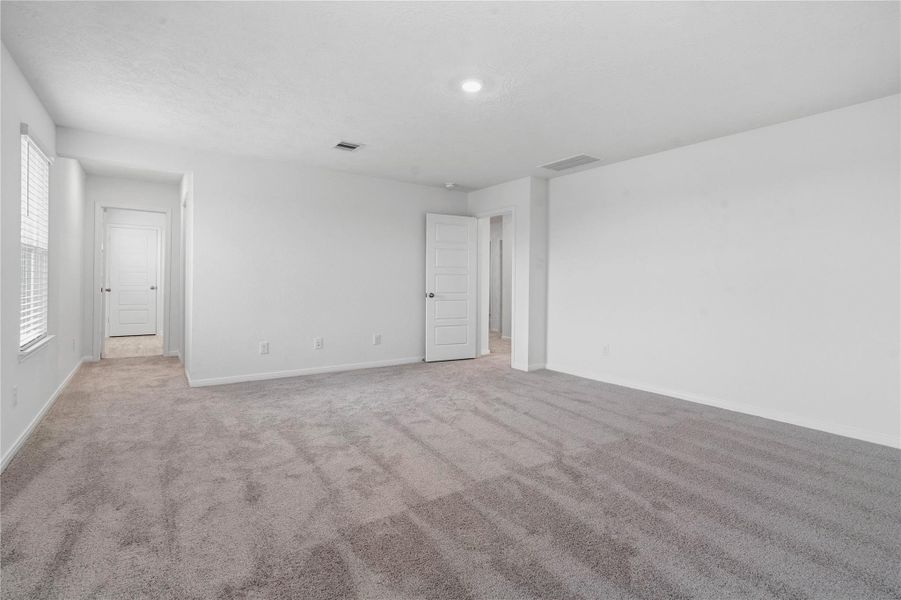 Additional view of primary bedroom looking down hallway to ensuite bathroom and walk-in closet.